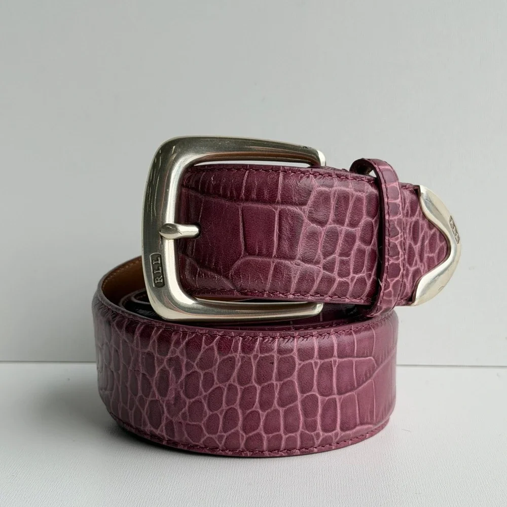 Lauren Ralph Lauren Italian Leather Belt Womens XL Purple Croc Embossed Vintage